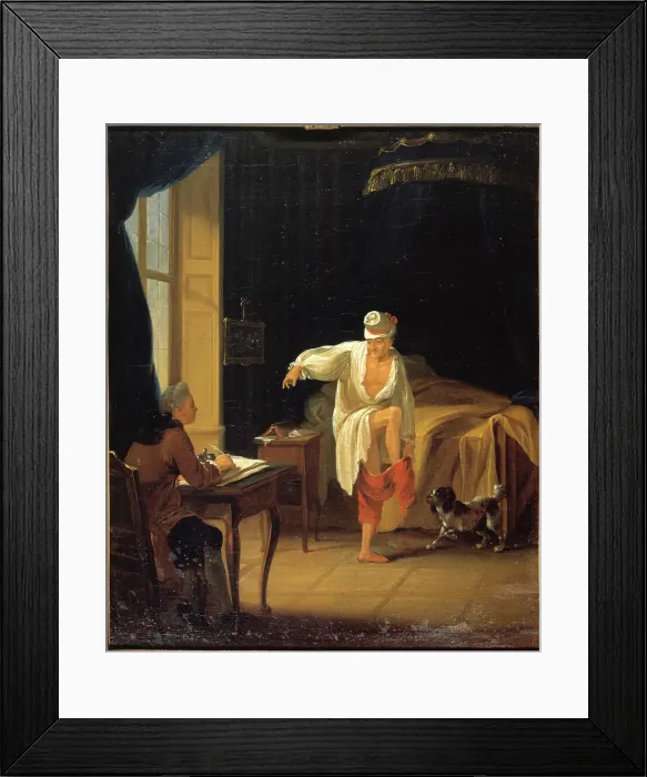 Framed Print : Voltaire on rising in Ferney, dictating to his secretary Collini, c1772. Creator: Jean Huber Framed Print : Voltaire on rising in Ferney, dictating to his secretary Collini, c1772. Creator: Jean Huber