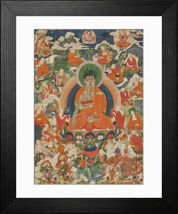 Framed Print : Shakyamuni Buddha and the Sixteen Arhats, 19th century. Creator: Tibetan culture Framed Print : Shakyamuni Buddha and the Sixteen Arhats, 19th century. Creator: Tibetan culture