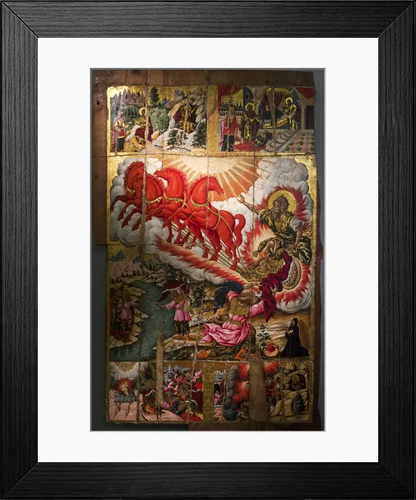 Framed Print : The Ascension of the Prophet Elijah with scenes from his life, 17th century. Creator: Poulakis, Theodore (1622-1692) Framed Print : The Ascension of the Prophet Elijah with scenes from his life, 17th century. Creator: Poulakis, Theodore (1622-1692)