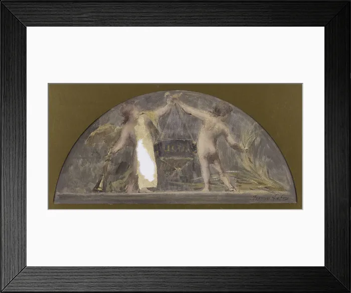 Framed Print : Sketch for the Hotel de Ville dining room, one child holding a trumpet the other a wreath... 1893. Creator: Francois Lafon Framed Print : Sketch for the Hotel de Ville dining room, one child holding a trumpet the other a wreath... 1893. Creator: Francois Lafon