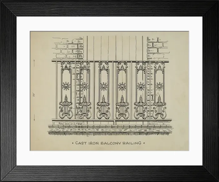 Framed Print : Cast Iron Balcony Railing, c. 1936. Creator: Ray Price Framed Print : Cast Iron Balcony Railing, c. 1936. Creator: Ray Price