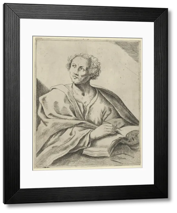 Framed Print : A man holding a book, about to write in it, looking upwards to the left, after Reni.. 17th century. Creator: Anon Framed Print : A man holding a book, about to write in it, looking upwards to the left, after Reni.. 17th century. Creator: Anon