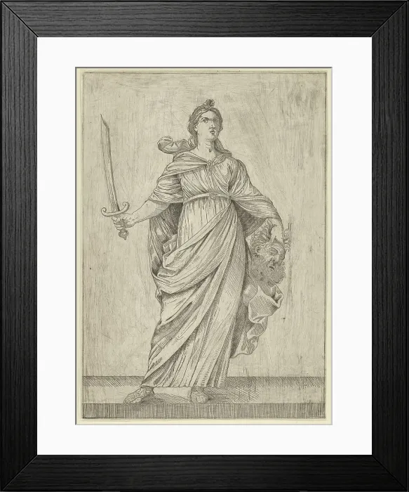 Framed Print : Judith standing on a ledge holding the head of Holofernes in her left hand.. 17th century. Creator: Anon Framed Print : Judith standing on a ledge holding the head of Holofernes in her left hand.. 17th century. Creator: Anon