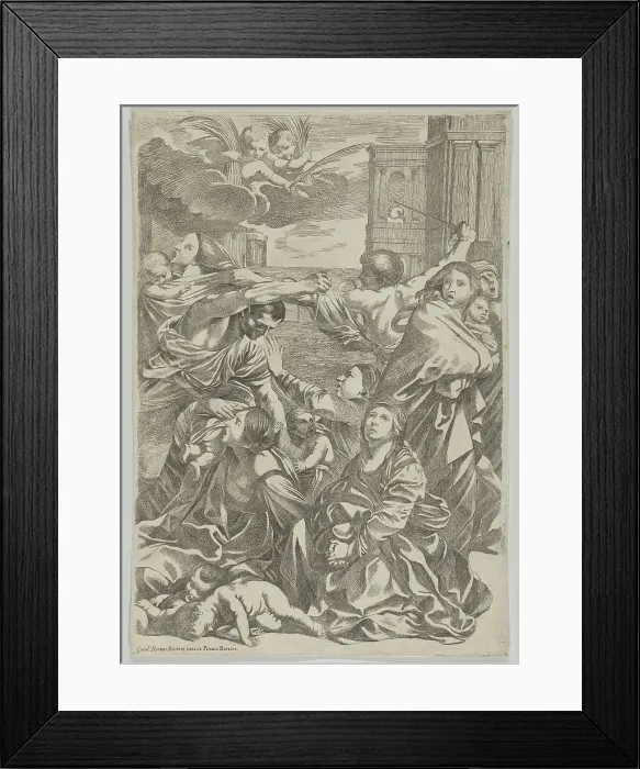 Framed Print : Massacre of the Innocents; group of women and children being attacked, two angels... ca. 1640-1700. Creator: Anon Framed Print : Massacre of the Innocents; group of women and children being attacked, two angels... ca. 1640-1700. Creator: Anon