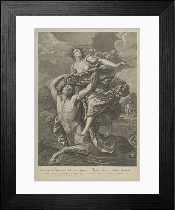 Framed Print : Dejanira being abducted by the centaur Nessos, a man with bow and arrow at right... ca. 1800-1850. Creator: Anon Framed Print : Dejanira being abducted by the centaur Nessos, a man with bow and arrow at right... ca. 1800-1850. Creator: Anon