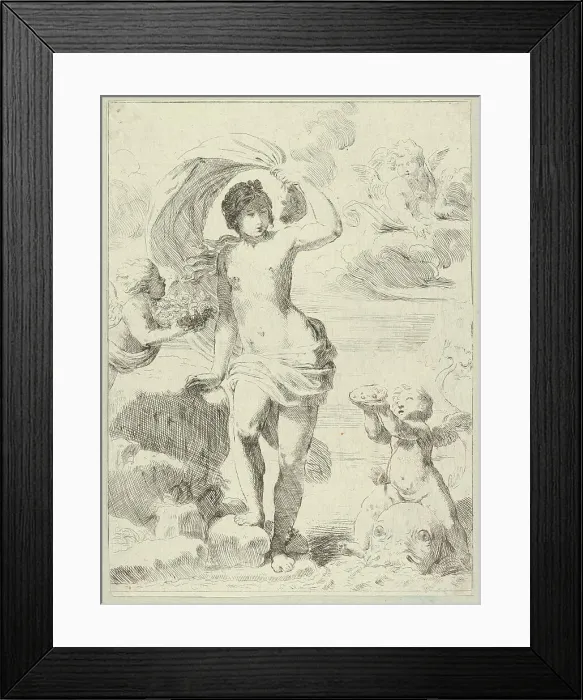 Framed Print : Venus stepping out of the sea, holding a billowing drapery in her left hand, Cupid.. ca. 1600-1640. Creator: Anon Framed Print : Venus stepping out of the sea, holding a billowing drapery in her left hand, Cupid.. ca. 1600-1640. Creator: Anon