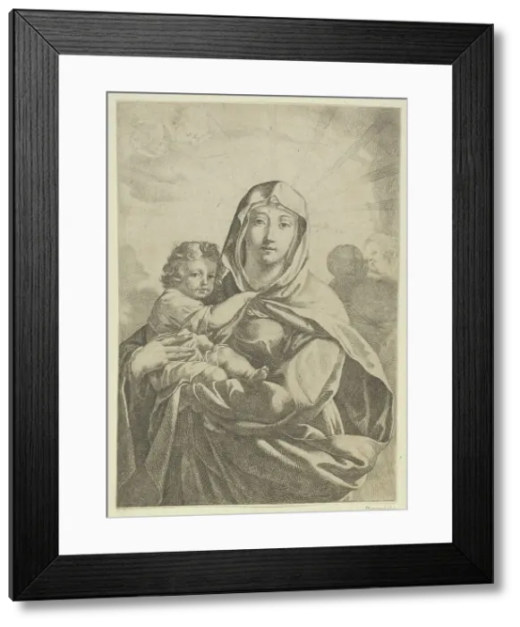 Framed Print : The Virgin standing facing front and holding the infant Christ, angels behind them... ca 1700-1800. Creator: Anon Framed Print : The Virgin standing facing front and holding the infant Christ, angels behind them... ca 1700-1800. Creator: Anon