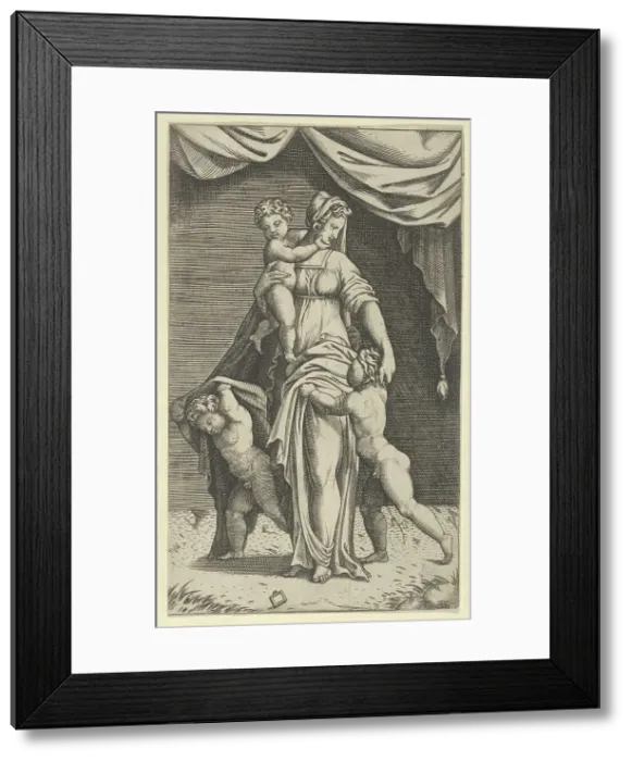 Framed Print : Charity personified by a woman with three children, ca. 1520-40. Creator: Anon Framed Print : Charity personified by a woman with three children, ca. 1520-40. Creator: Anon