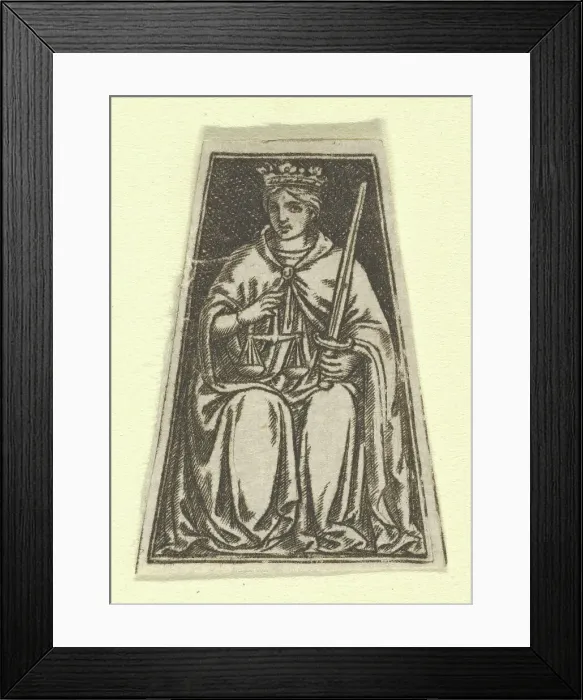 Framed Print : The cardinal virtue of Justice represented by a seated woman holding a pair of sc... ca. 1480-1520. Creator: Anon Framed Print : The cardinal virtue of Justice represented by a seated woman holding a pair of sc... ca. 1480-1520. Creator: Anon
