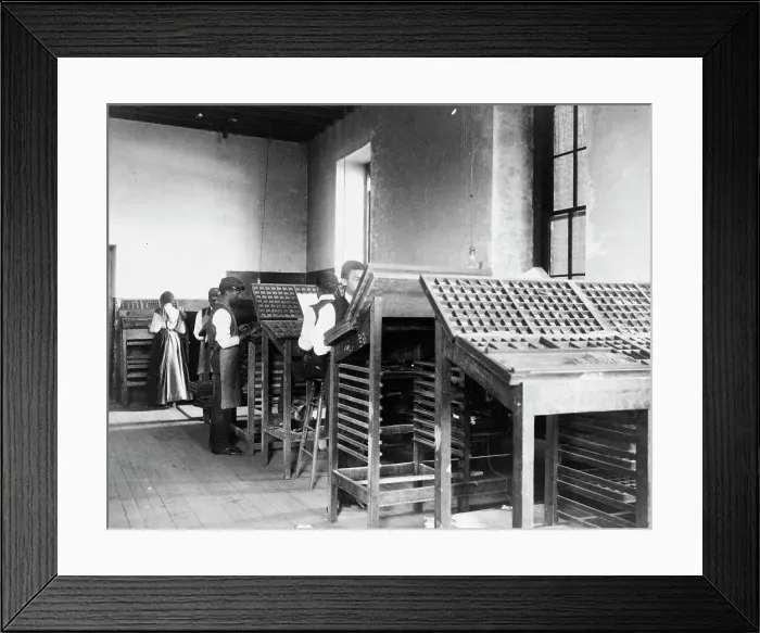 Framed Print : Compositors working in printing shop, Hampton Institute, Hampton, Virginia, 1899 or1900. Creator: Frances Benjamin Johnston Framed Print : Compositors working in printing shop, Hampton Institute, Hampton, Virginia, 1899 or1900. Creator: Frances Benjamin Johnston