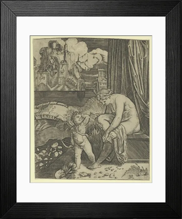 Framed Print : Venus naked sitting at right drying her foot with a piece of drapery, Cupid, in fro... ca. 1520-30. Creator: Anon Framed Print : Venus naked sitting at right drying her foot with a piece of drapery, Cupid, in fro... ca. 1520-30. Creator: Anon
