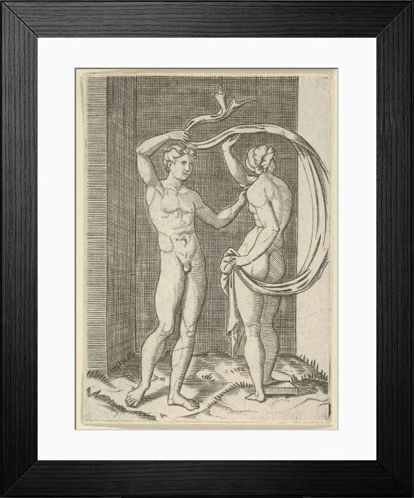 Framed Print : Naked woman viewed from behind holding fabric which billows behind her, looking a... ca. 1500-1600. Creator: Anon Framed Print : Naked woman viewed from behind holding fabric which billows behind her, looking a... ca. 1500-1600. Creator: Anon