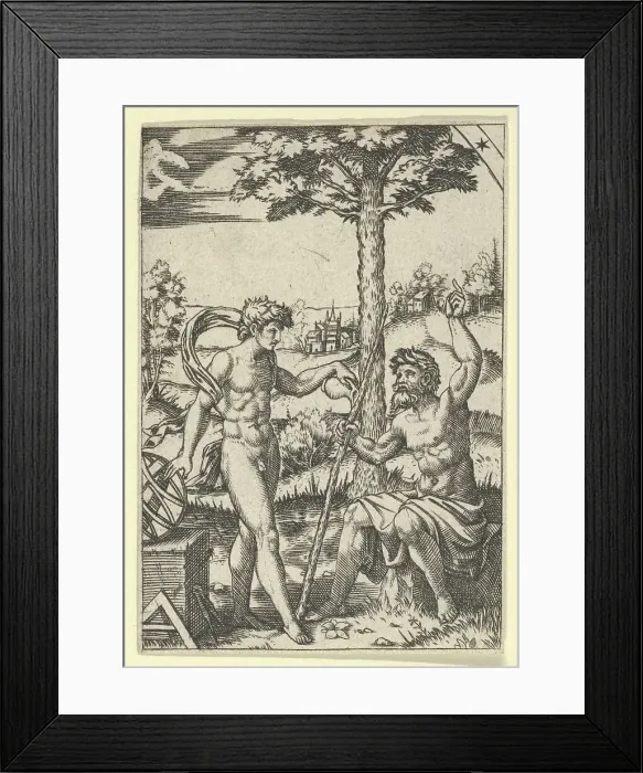 Framed Print : Seated old shepard gesturing towards the sky and speaking to nude male surrounded... ca. 1500-1600. Creator: Anon Framed Print : Seated old shepard gesturing towards the sky and speaking to nude male surrounded... ca. 1500-1600. Creator: Anon