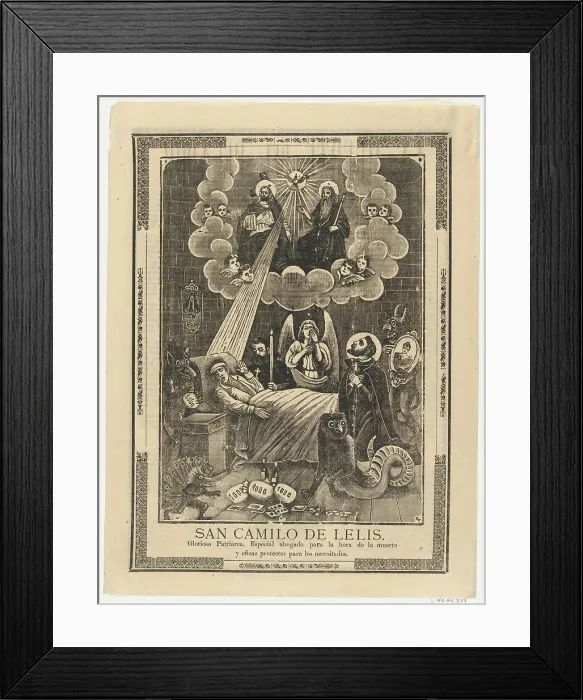 Framed Print : Broadsheet with Saint Camilo de Lelis in bed surrounded by demons, priests and the... ca. 1900-10. Creator: Anon Framed Print : Broadsheet with Saint Camilo de Lelis in bed surrounded by demons, priests and the... ca. 1900-10. Creator: Anon