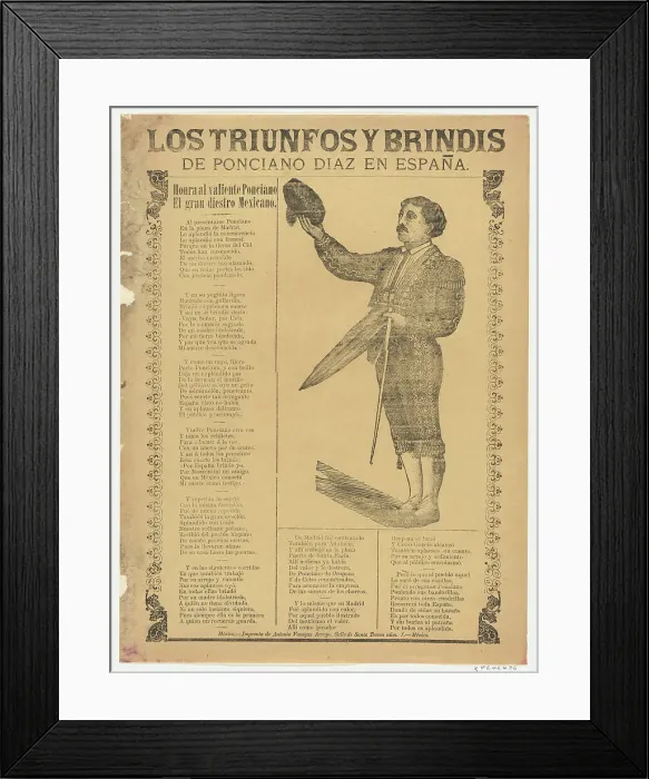 Framed Print : Broadsheet relating to the triumphs of the bullfighter Ponciano Diaz in Spain, a co... ca. 1900-10. Creator: Anon Framed Print : Broadsheet relating to the triumphs of the bullfighter Ponciano Diaz in Spain, a co... ca. 1900-10. Creator: Anon