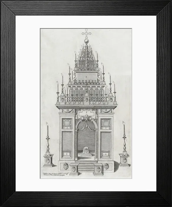 Framed Print : Design of the catafalque for the exequies of the Marchesa di Villena in San Giacomo degli... 1604. Creator: Anon Framed Print : Design of the catafalque for the exequies of the Marchesa di Villena in San Giacomo degli... 1604. Creator: Anon