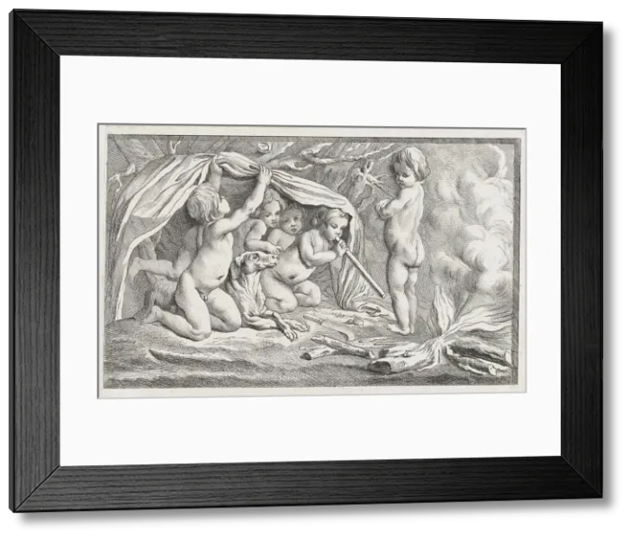 Framed Print : Nude children and a dog warming themselves by a fire; an allegory of Winter, after a... after 1745. Creator: Anon Framed Print : Nude children and a dog warming themselves by a fire; an allegory of Winter, after a... after 1745. Creator: Anon