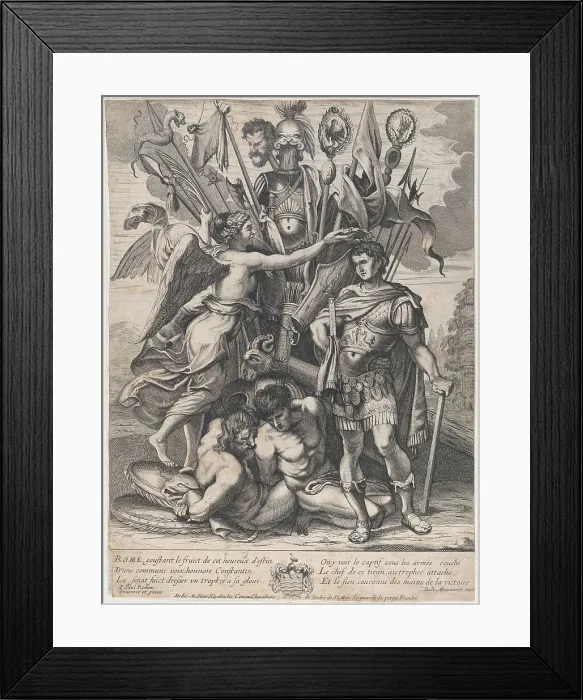 Framed Print : The Trophy of Constantine, with Victory at left crowning the emperor with a laurel... ca. 1650-68. Creator: Anon Framed Print : The Trophy of Constantine, with Victory at left crowning the emperor with a laurel... ca. 1650-68. Creator: Anon
