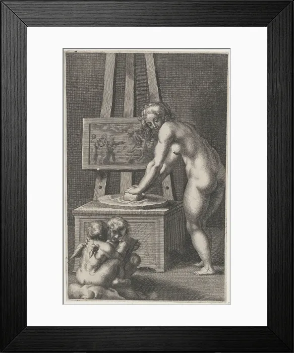 Framed Print : Pictura: allegory of painting, with a nude woman at center grinding pigments, two p... ca. 1610-50. Creator: Anon Framed Print : Pictura: allegory of painting, with a nude woman at center grinding pigments, two p... ca. 1610-50. Creator: Anon