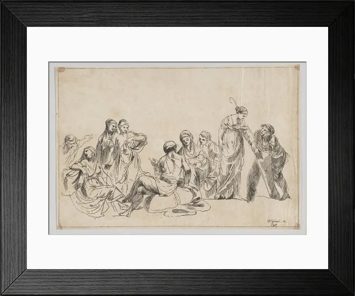 Framed Print : A group of nine women, one at center holds a baby and one at right holds a shepherdes... 1750-1850. Creator: Anon Framed Print : A group of nine women, one at center holds a baby and one at right holds a shepherdes... 1750-1850. Creator: Anon