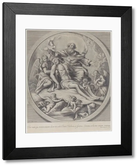 Framed Print : The Holy Trinity, with the dead Christ at center surrounded by angels, God the Father... 1650-90. Creator: Anon