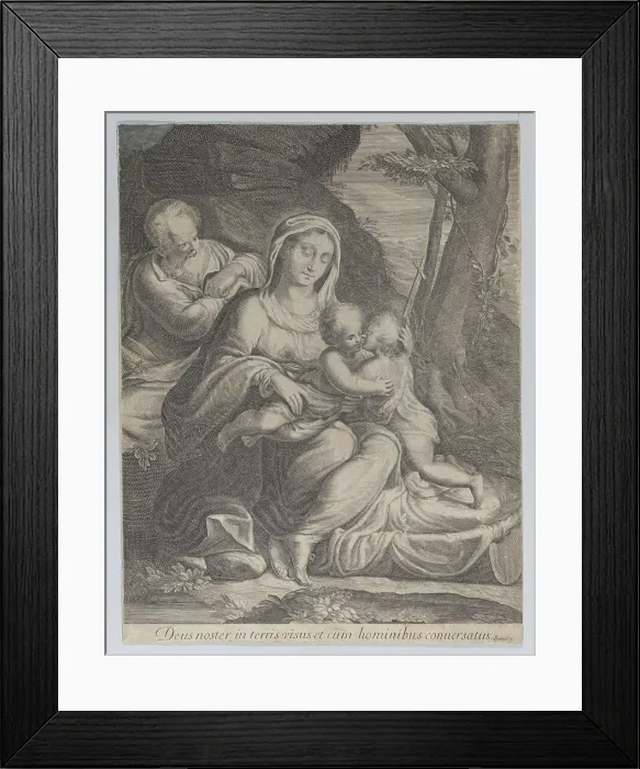 Framed Print : The Holy Family with infant Saint John the Baptist kneeling at right, 1550-1600. Creator: Anon Framed Print : The Holy Family with infant Saint John the Baptist kneeling at right, 1550-1600. Creator: Anon