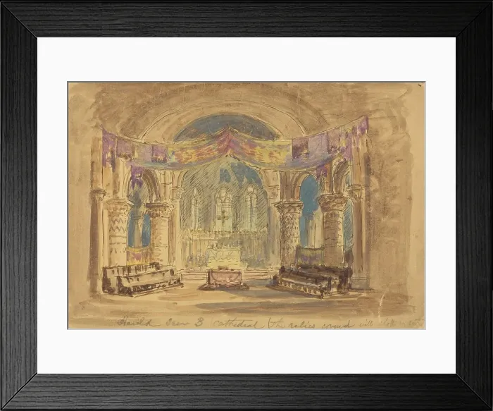 Framed Print : Harold Scene 3 Cathedral (The relics covered with cloth at centre). Creator: Robert Caney