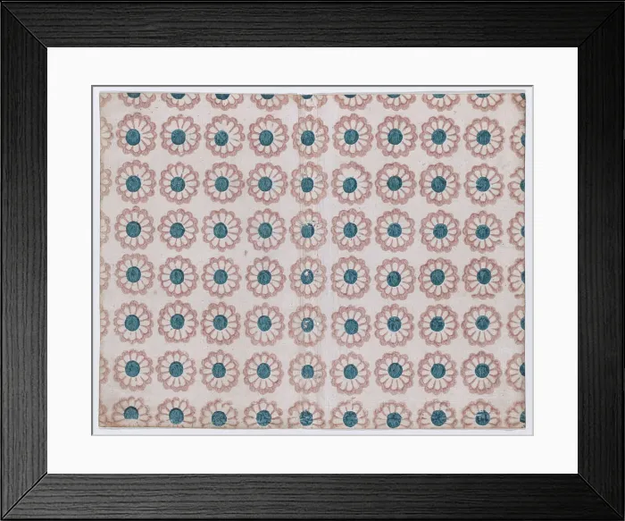 Framed Print : Sheet with overall pattern of pink flowers with blue centers, 19th century. Creator: Anon Framed Print : Sheet with overall pattern of pink flowers with blue centers, 19th century. Creator: Anon