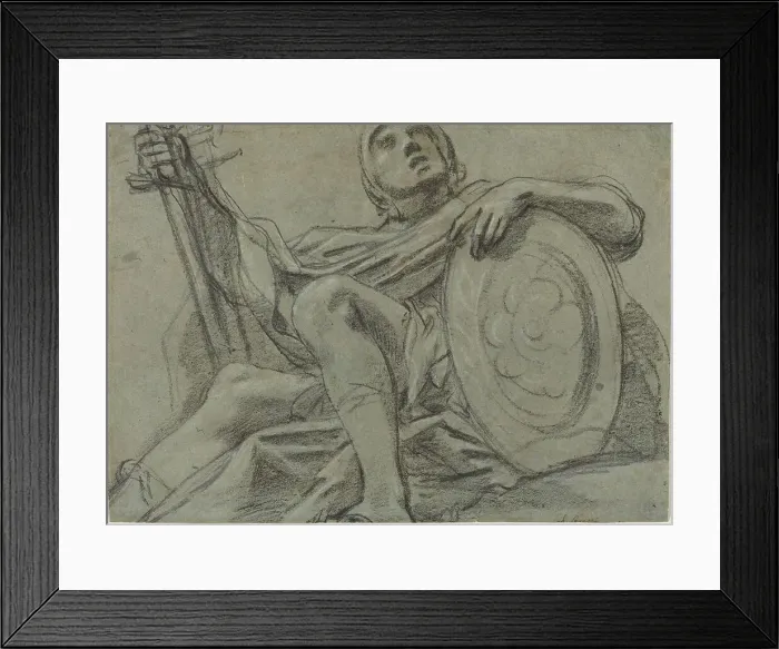 Framed Print : Seated Warrior Holding a Sword and Shield [recto], c. 1612. Creator: Giacomo Cavedone