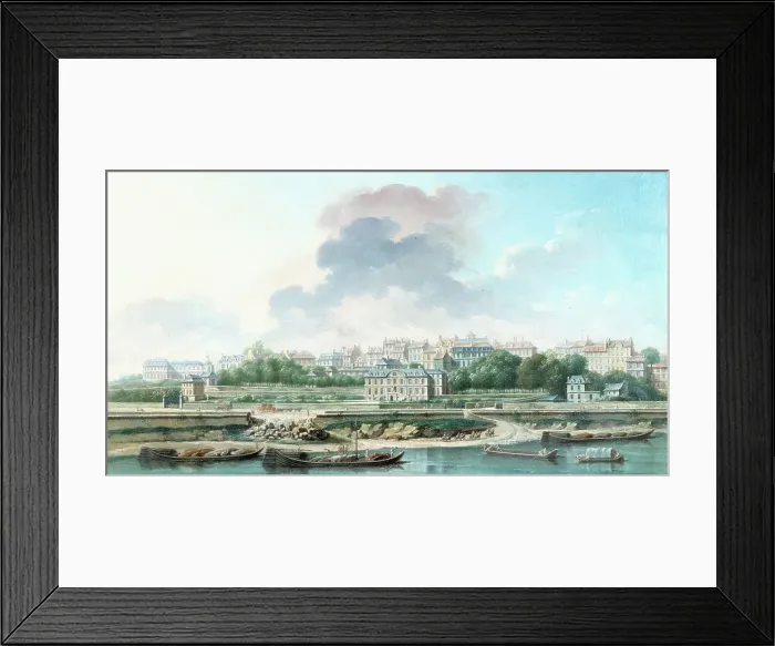 Framed Print : The Quay and Village of Passy, ??seen from the left bank, 1757. Creator: Nicolas Raguenet Framed Print : The Quay and Village of Passy, ??seen from the left bank, 1757. Creator: Nicolas Raguenet