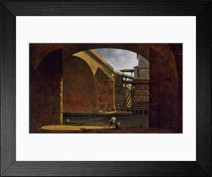 Framed Print : Notre-Dame Bridge and Pump, seen from the vault of Quai de Gesvres, 1816. Creator: Auguste Jacques Regnier Framed Print : Notre-Dame Bridge and Pump, seen from the vault of Quai de Gesvres, 1816. Creator: Auguste Jacques Regnier