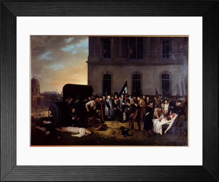 Framed Print : Provisional burial of July victims in front of the colonnade of the Louvre, 1831. Creator: Jean Alphonse Roehn Framed Print : Provisional burial of July victims in front of the colonnade of the Louvre, 1831. Creator: Jean Alphonse Roehn