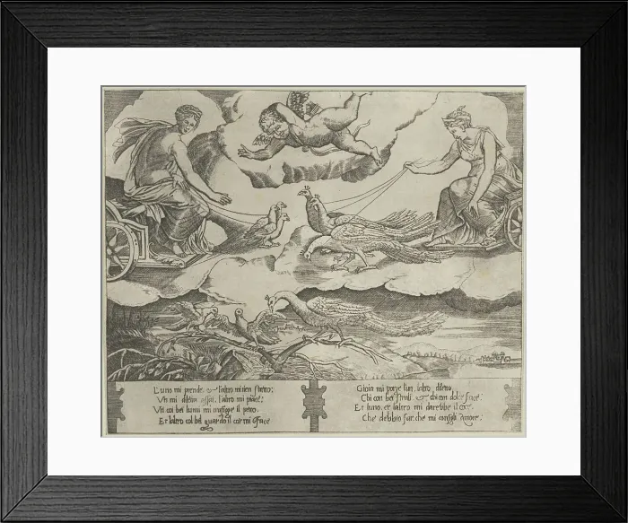 Framed Print : Allegory of Marriage and Love; Juno in a chariot drawn by peacocks at right, Venus, ca. 1540-60. Creator: Anon Framed Print : Allegory of Marriage and Love; Juno in a chariot drawn by peacocks at right, Venus, ca. 1540-60. Creator: Anon