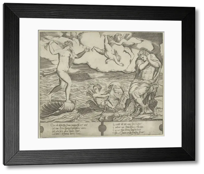 Framed Print : Venus riding a conch at left and cowering man (Jason) at right, Eros riding a makes... ca. 1530-50. Creator: Anon Framed Print : Venus riding a conch at left and cowering man (Jason) at right, Eros riding a makes... ca. 1530-50. Creator: Anon