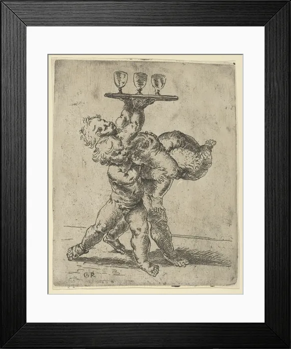 Framed Print : Two naked boys carrying a third who supports a tray with three goblets, after Ren... ca. 1600-1640. Creator: Anon Framed Print : Two naked boys carrying a third who supports a tray with three goblets, after Ren... ca. 1600-1640. Creator: Anon