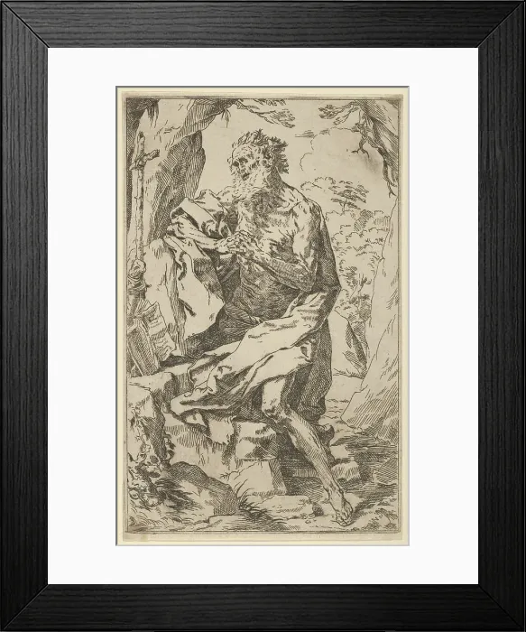 Framed Print : Saint Jerome kneeling on a rock in front of a cross and an open book facing left... ca. 1600-1640. Creator: Anon Framed Print : Saint Jerome kneeling on a rock in front of a cross and an open book facing left... ca. 1600-1640. Creator: Anon