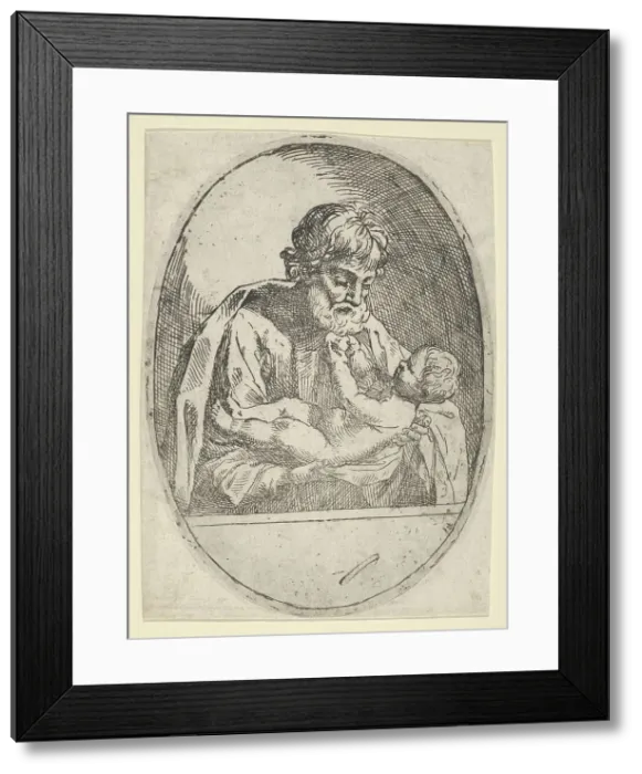 Framed Print : Saint Joseph holding the infant Christ, who raises up his hands, an oval composit... ca. 1600-1660. Creator: Anon Framed Print : Saint Joseph holding the infant Christ, who raises up his hands, an oval composit... ca. 1600-1660. Creator: Anon