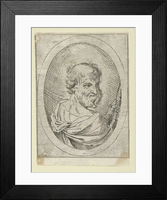 Framed Print : Saint Simon seen from behind, turning to the right and holding a saw, in an oval frame, 1600-1640. Creator: Anon Framed Print : Saint Simon seen from behind, turning to the right and holding a saw, in an oval frame, 1600-1640. Creator: Anon