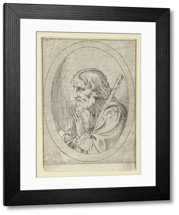 Framed Print : Saint Jude in prayer, seen in profile facing left with a staff resting on his shoulder, 1600-1640. Creator: Anon Framed Print : Saint Jude in prayer, seen in profile facing left with a staff resting on his shoulder, 1600-1640. Creator: Anon