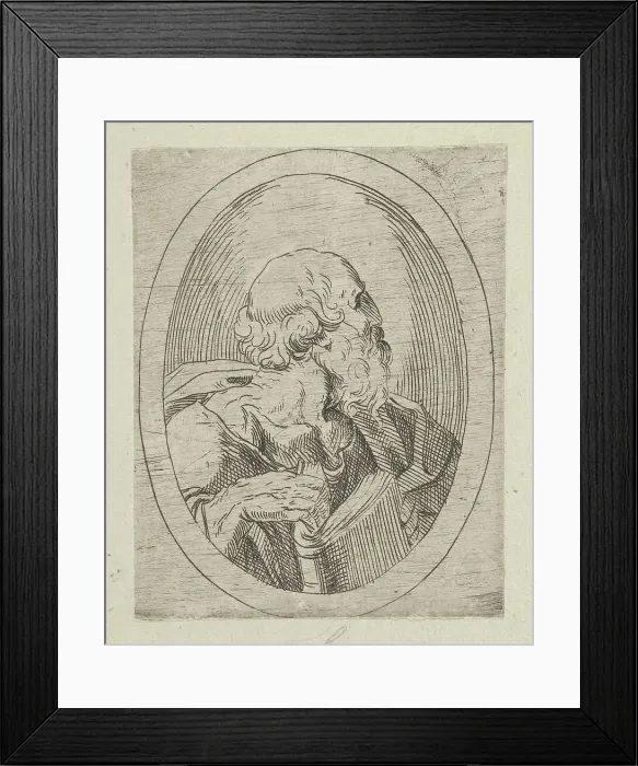 Framed Print : An apostle seen in profile facing right, holding an open book, in an oval frame, from... 1600-1640. Creator: Anon