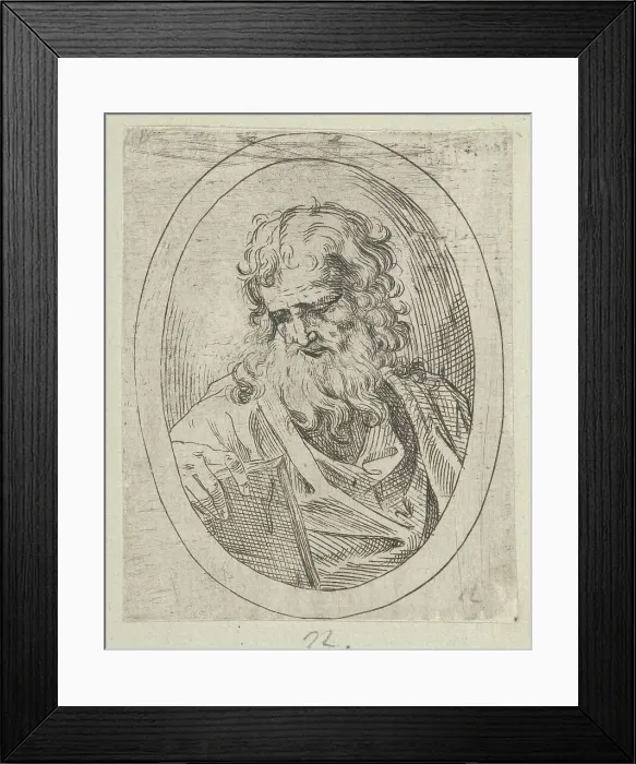 Framed Print : An apostle with a long beard looking down at an open book, in an oval frame, 1600-1640. Creator: Anon