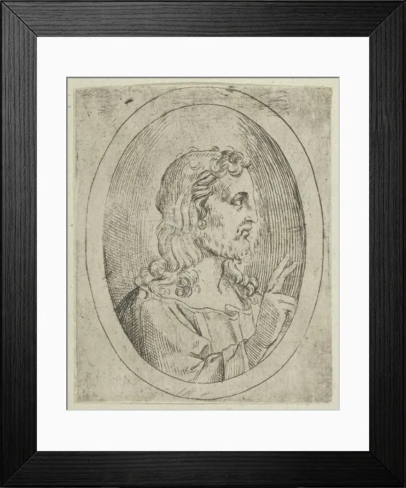 Framed Print : Christ seen in profile facing right, making the sign of blessing with his right hand, 1600-1640. Creator: Anon