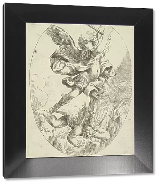 The winged archangel Saint Michael holding a sword and standing on the head of the devil, 1600-1640. Creator: Anon