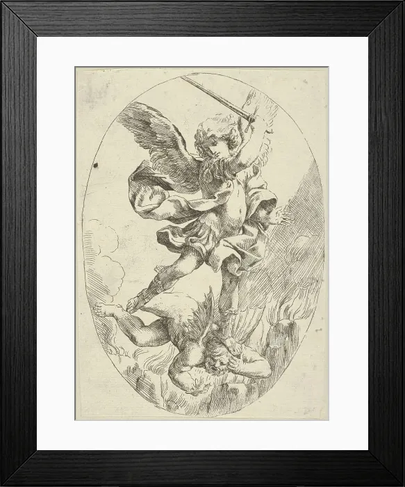Framed Print : The winged archangel Saint Michael holding a sword and standing on the head of the devil, 1600-1640. Creator: Anon Framed Print : The winged archangel Saint Michael holding a sword and standing on the head of the devil, 1600-1640. Creator: Anon