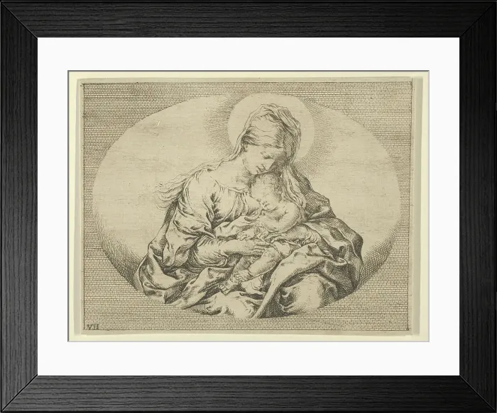Framed Print : The Virgin holding the infant Christ, an oval composition, after Reni, ca. 1600-1640. Creator: Anon Framed Print : The Virgin holding the infant Christ, an oval composition, after Reni, ca. 1600-1640. Creator: Anon
