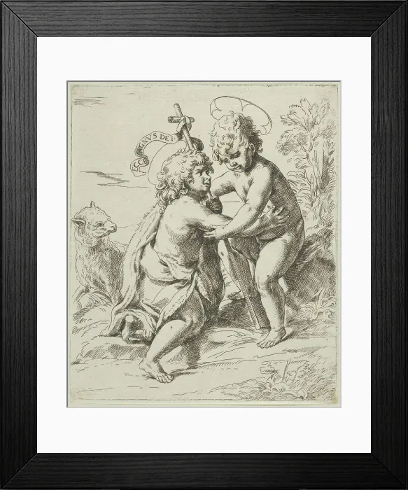 Framed Print : The young Saint John the Baptist kneeling before the young Christ who embraces him, ca. 1600-1640. Creator: Anon Framed Print : The young Saint John the Baptist kneeling before the young Christ who embraces him, ca. 1600-1640. Creator: Anon