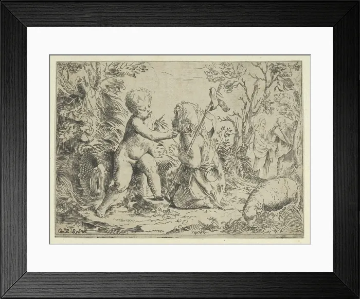 Framed Print : Young Saint John the Baptist kneeling before the infant Christ who caresses his face, ca. 1600-1640. Creator: Anon Framed Print : Young Saint John the Baptist kneeling before the infant Christ who caresses his face, ca. 1600-1640. Creator: Anon