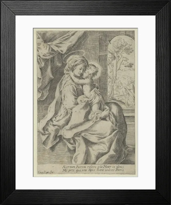 Framed Print : The Virgin seated with the Christ Child on her lap embracing her, St Joseph seen... ca. 1600-1640. Creator: Anon Framed Print : The Virgin seated with the Christ Child on her lap embracing her, St Joseph seen... ca. 1600-1640. Creator: Anon