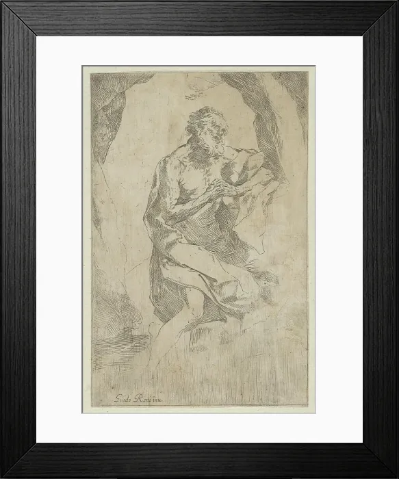 Framed Print : Saint Jerome kneeling on a rock in front of a cross and an open book facing right... ca. 1600-1640. Creator: Anon Framed Print : Saint Jerome kneeling on a rock in front of a cross and an open book facing right... ca. 1600-1640. Creator: Anon