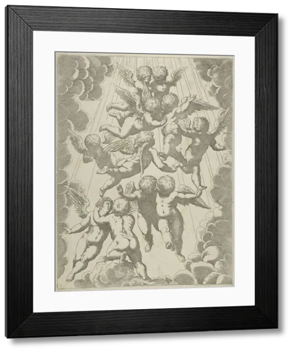 Framed Print : A group of angels embracing in flight, framed by clouds, after Reni, ca. 1600-1640. Creator: Anon Framed Print : A group of angels embracing in flight, framed by clouds, after Reni, ca. 1600-1640. Creator: Anon